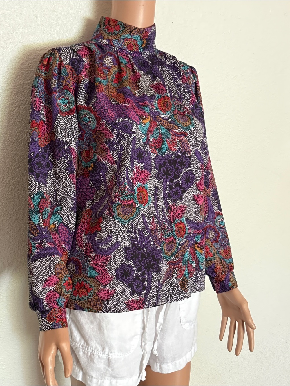 Vtg 1970s Jeri Marque Purple Floral Paisley Blouse sz 8 Maximalist Eccentric